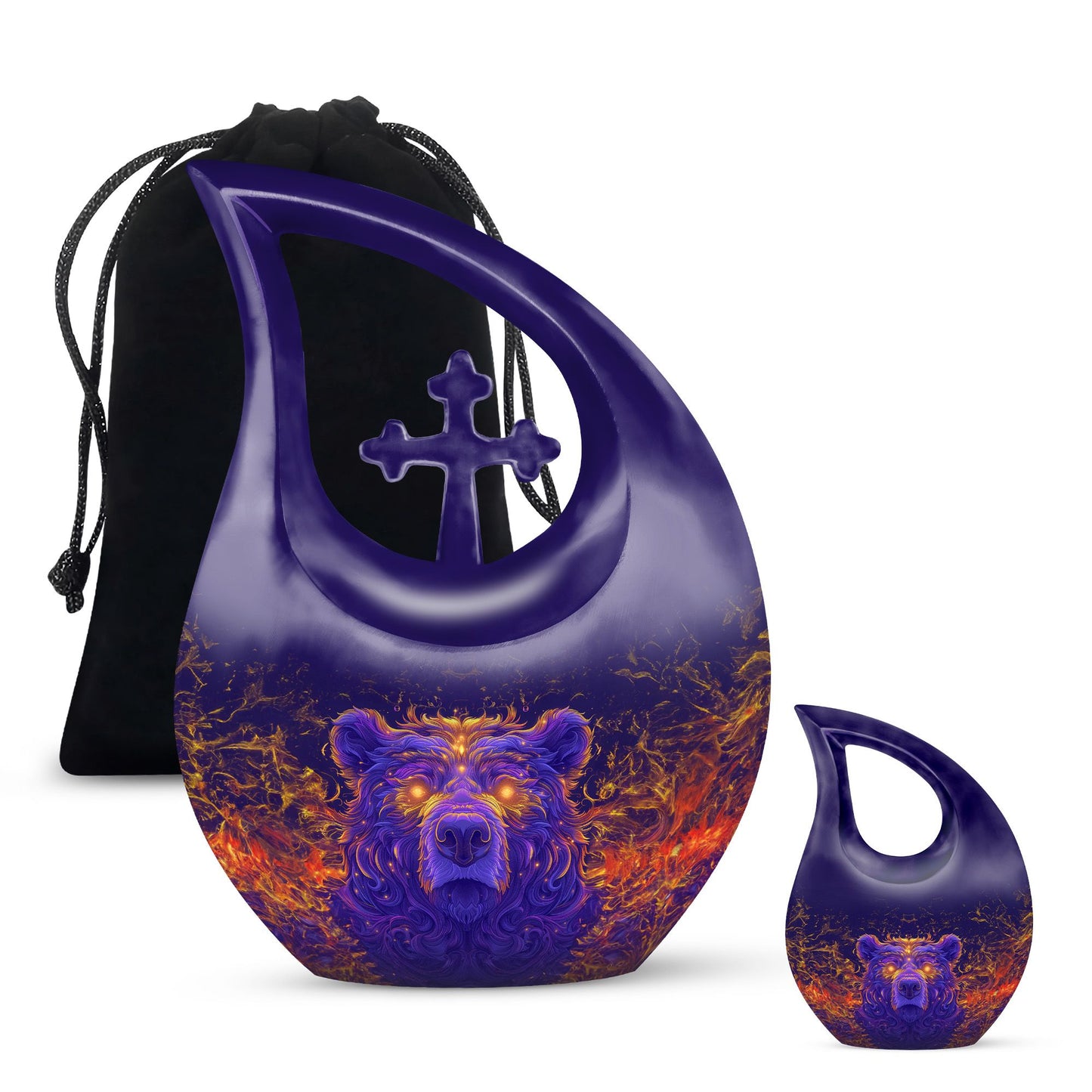 10 Inch Bear Urn with Cross Drop design for Cremated Remains, includes velvet pouch