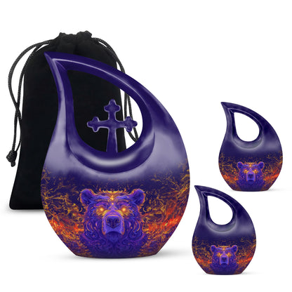 10 Inch Bear Urn with Cross Drop design for Cremated Remains, includes velvet pouch