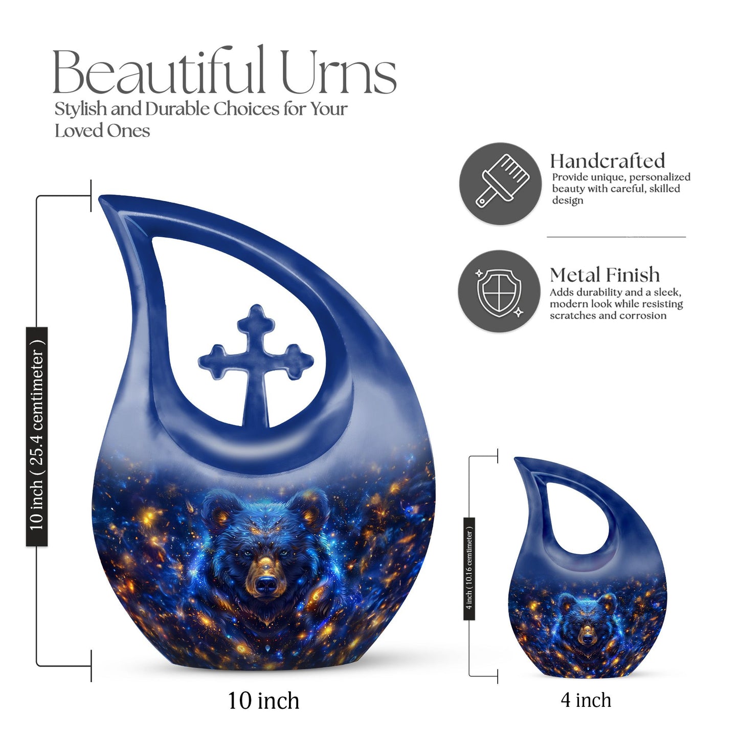 Large Bear Urn and Cremation Vaults, 10 inches, with Cross Drop design for ashes