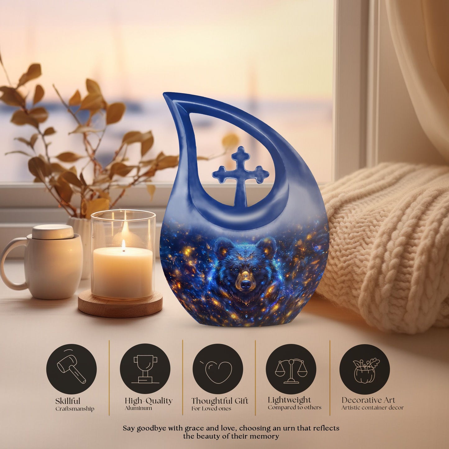 Large Bear Urn and Cremation Vaults, 10 inches, with Cross Drop design for ashes