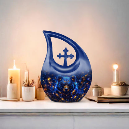 Large Bear Urn and Cremation Vaults, 10 inches, with Cross Drop design for ashes