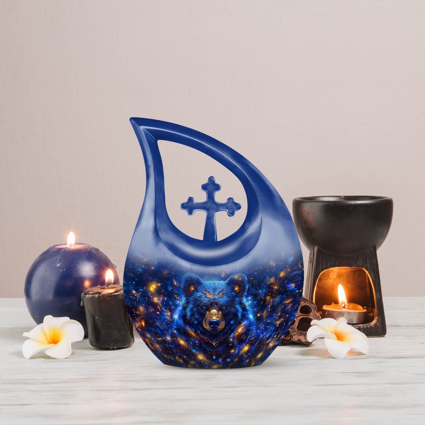 Large Bear Urn and Cremation Vaults, 10 inches, with Cross Drop design for ashes