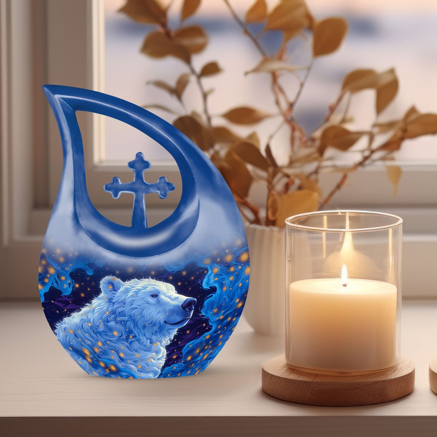 10 Inch Aluminium Bear Urn with Cross Drop Design, Personalizable for Mom