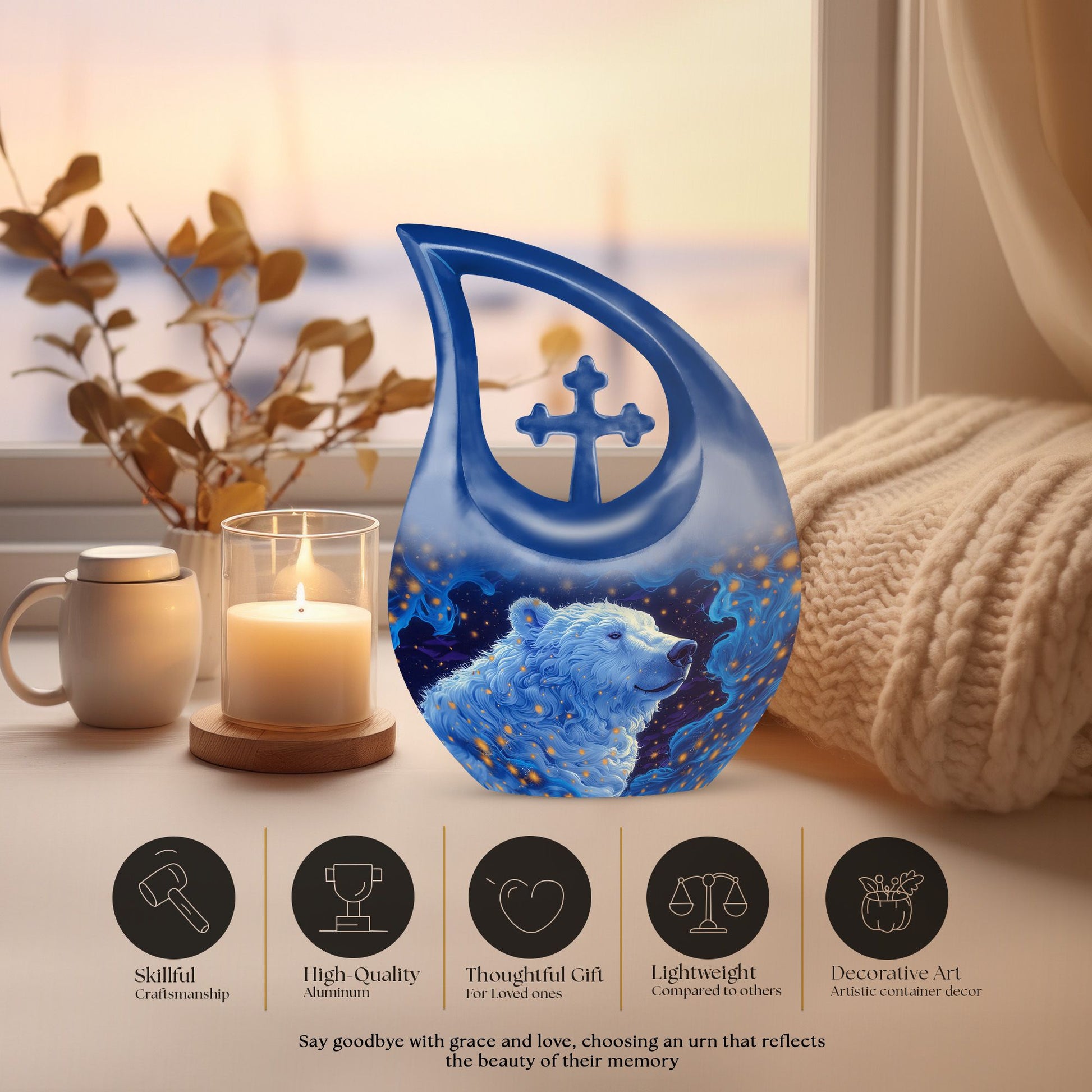 10 Inch Aluminium Bear Urn with Cross Drop Design, Personalizable for Mom