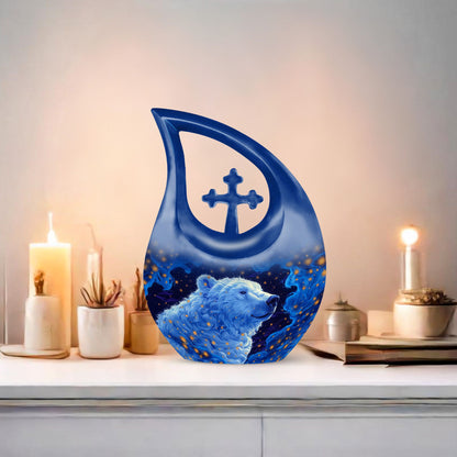 10 Inch Aluminium Bear Urn with Cross Drop Design, Personalizable for Mom