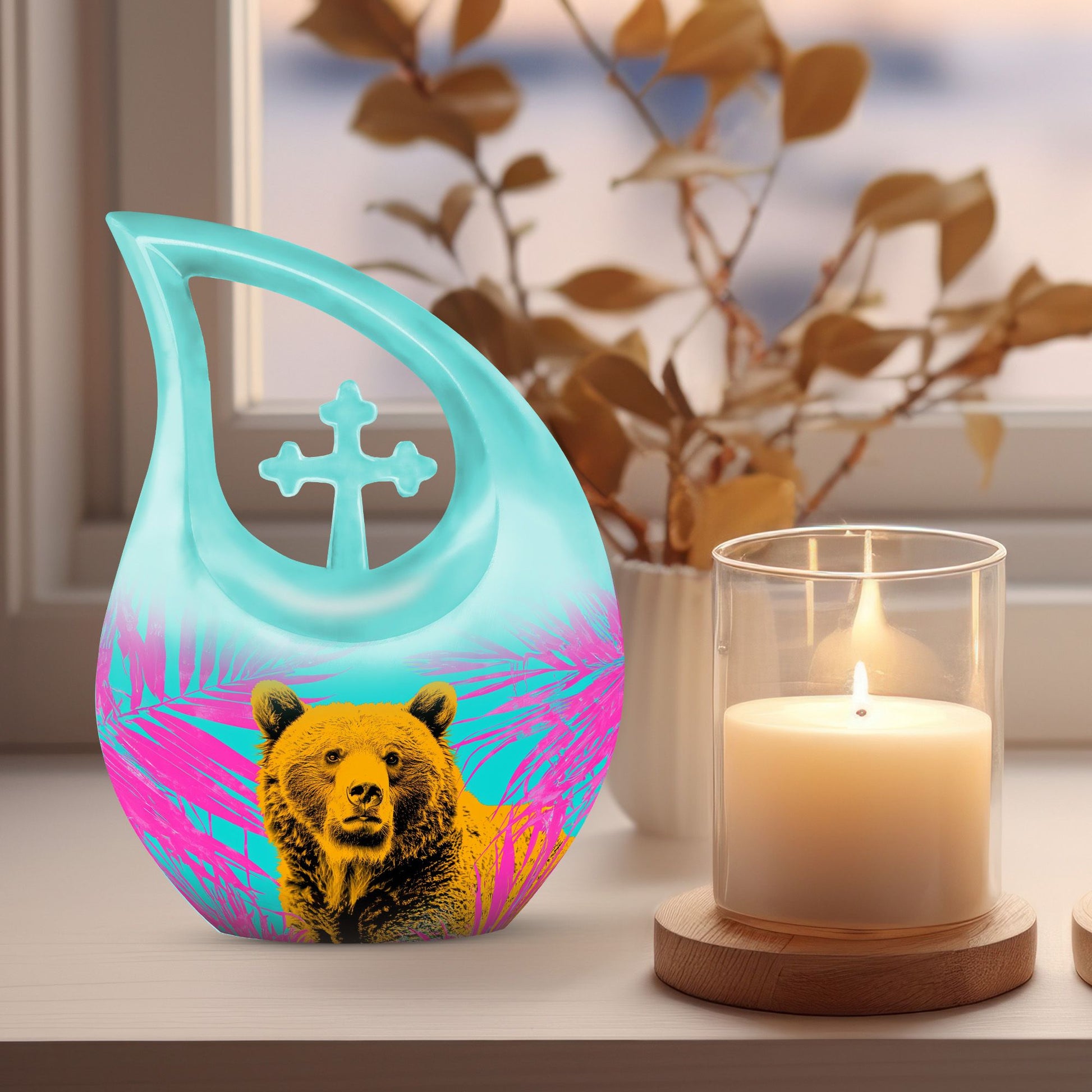 Bear themed 10 inch Cross Drop Personalized Urn for Human Ashes with Custom Engraving