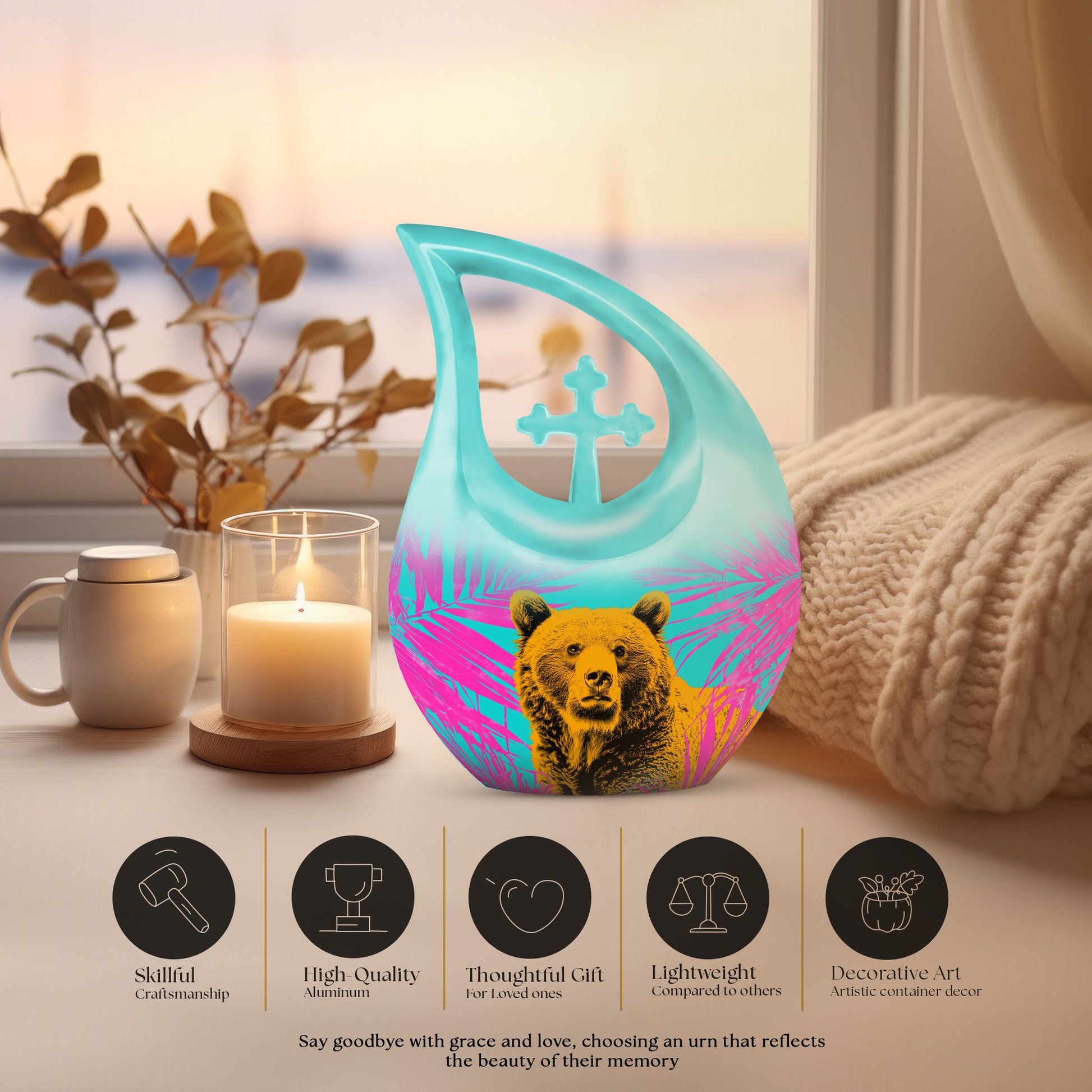 Bear themed 10 inch Cross Drop Personalized Urn for Human Ashes with Custom Engraving