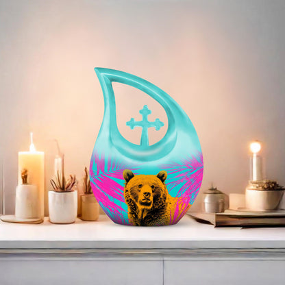 Bear themed 10 inch Cross Drop Personalized Urn for Human Ashes with Custom Engraving