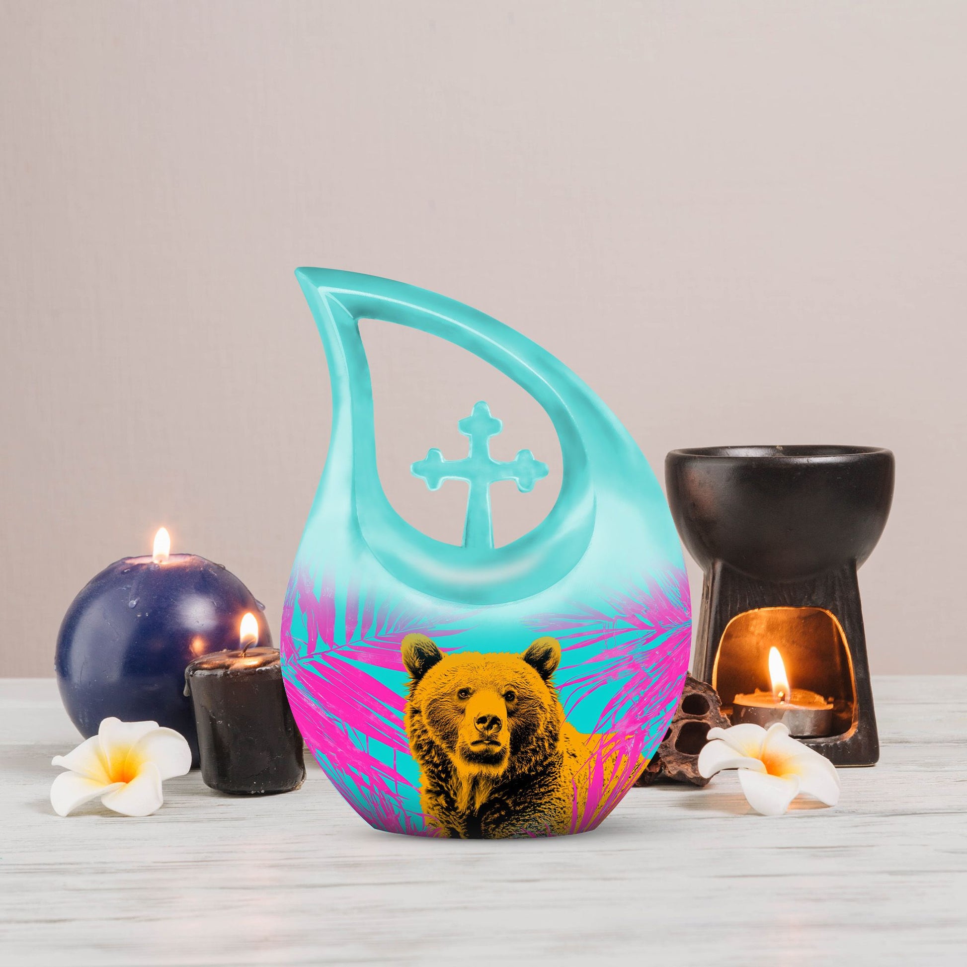 Bear themed 10 inch Cross Drop Personalized Urn for Human Ashes with Custom Engraving