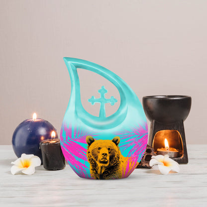 Bear themed 10 inch Cross Drop Personalized Urn for Human Ashes with Custom Engraving