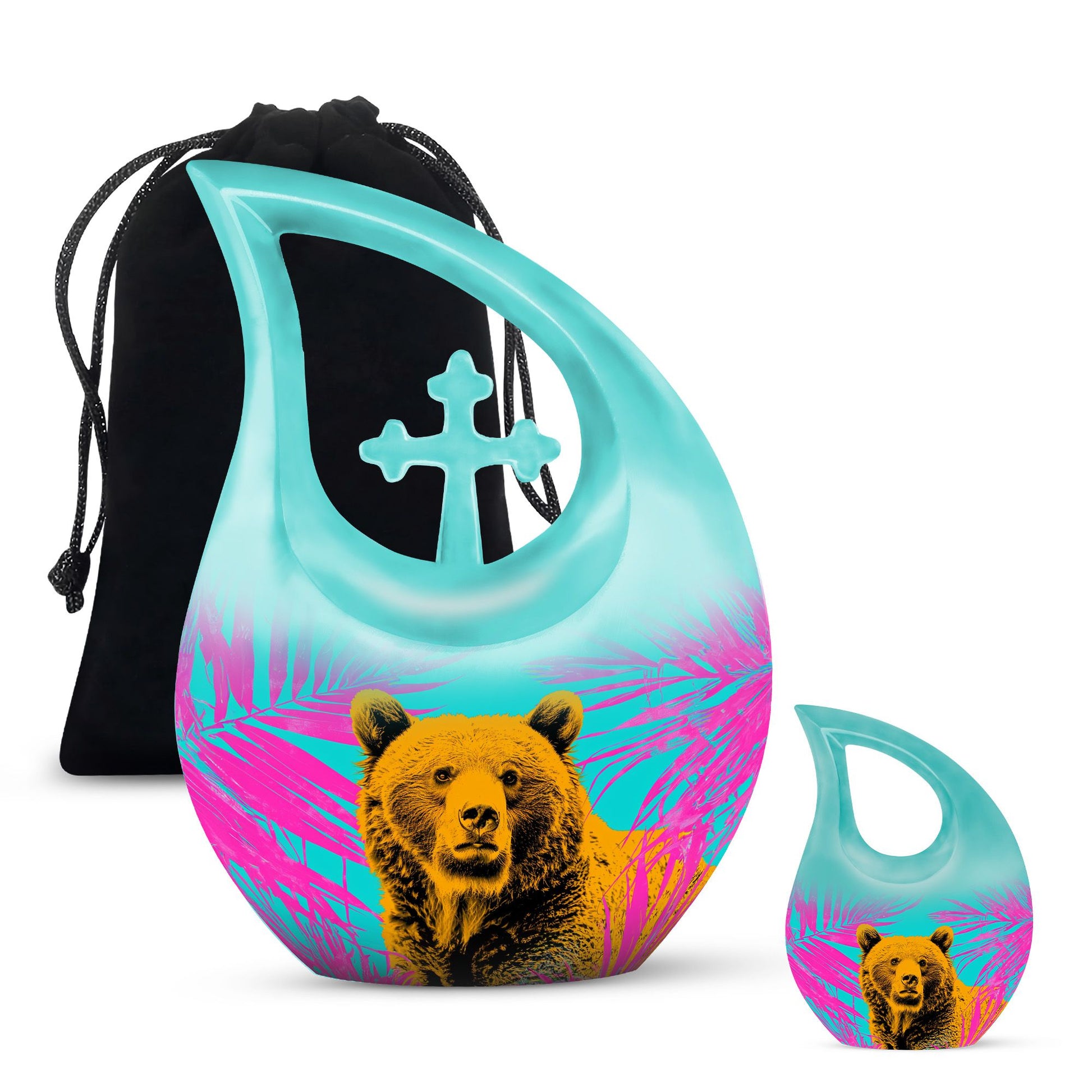 Bear themed 10 inch Cross Drop Personalized Urn for Human Ashes with Custom Engraving