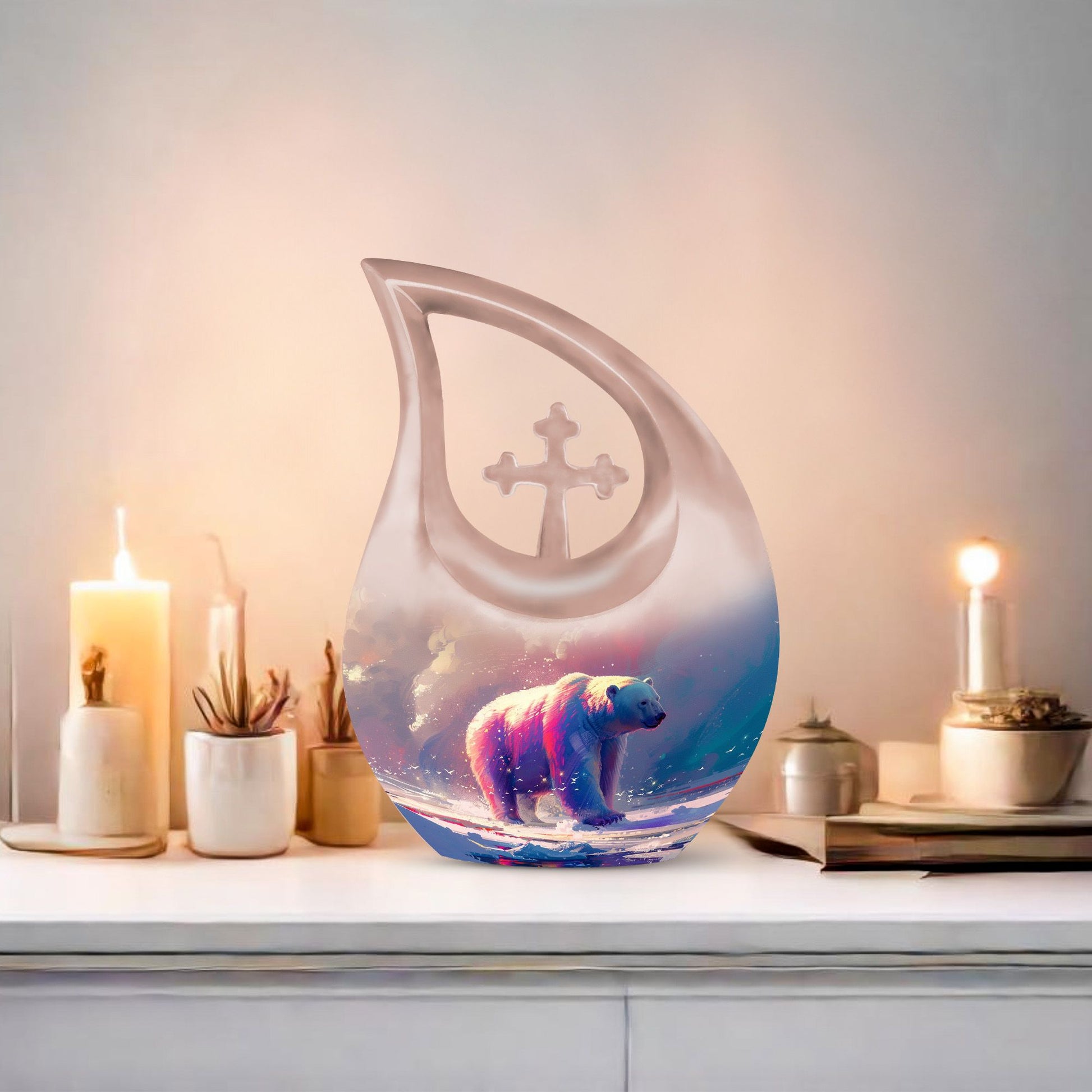10-Inch Large Bear Urn with Cross Drop design, Aluminium Keepsake Cremation Urn