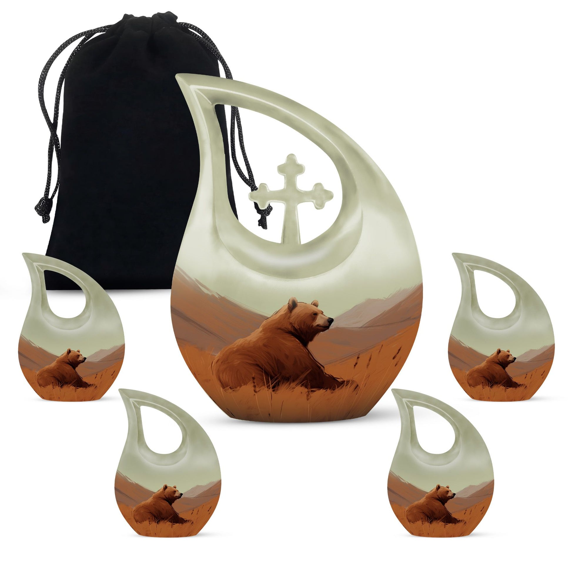 10-inch Bear Themed Cross Drop Design Aluminium Memorial Ur