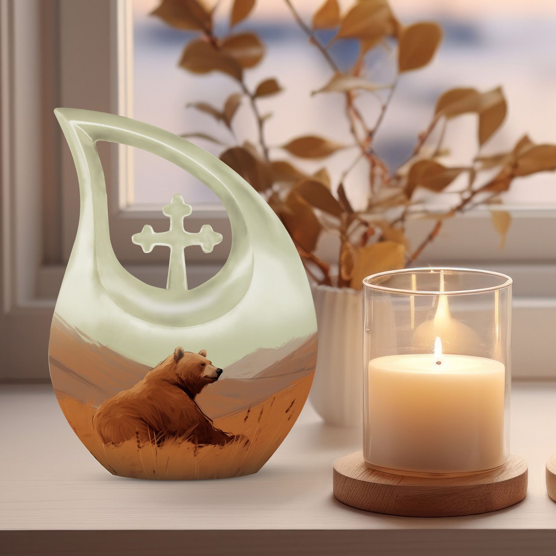 10-inch Bear Themed Cross Drop Design Aluminium Memorial Ur