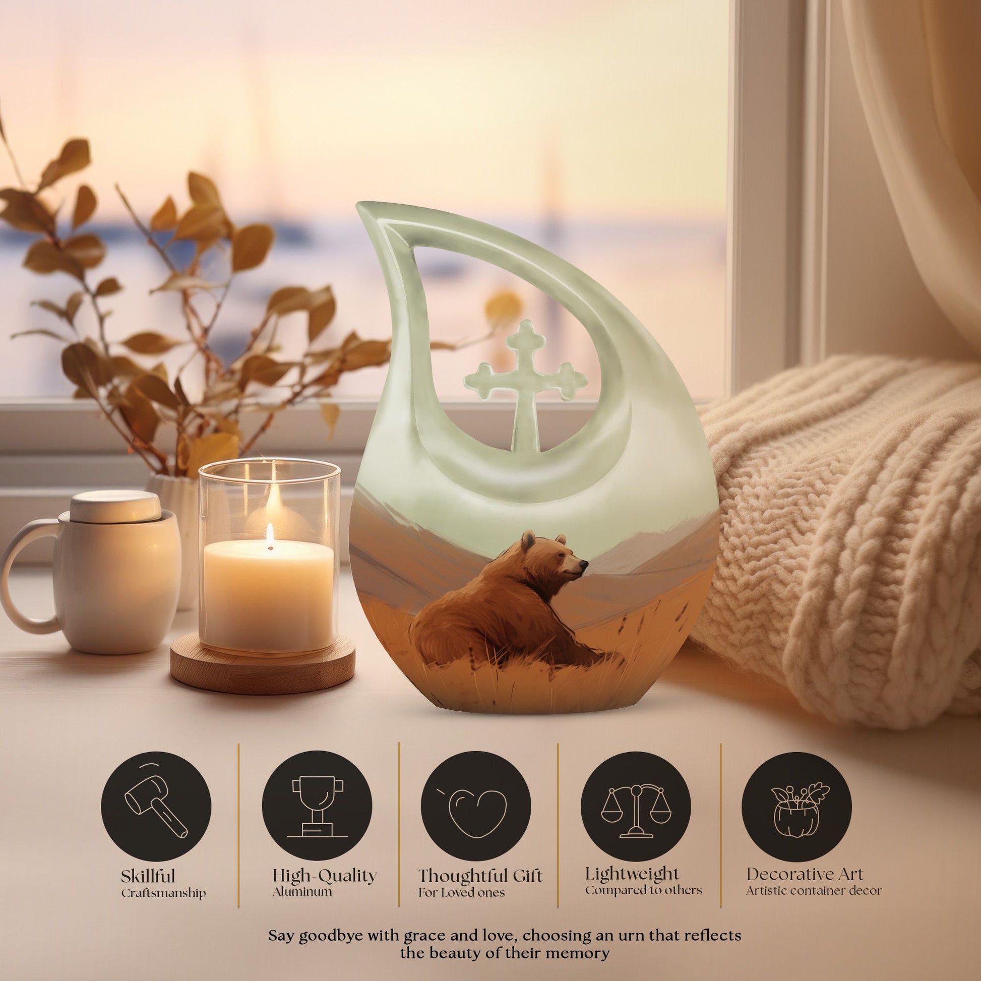 10-inch Bear Themed Cross Drop Design Aluminium Memorial Ur