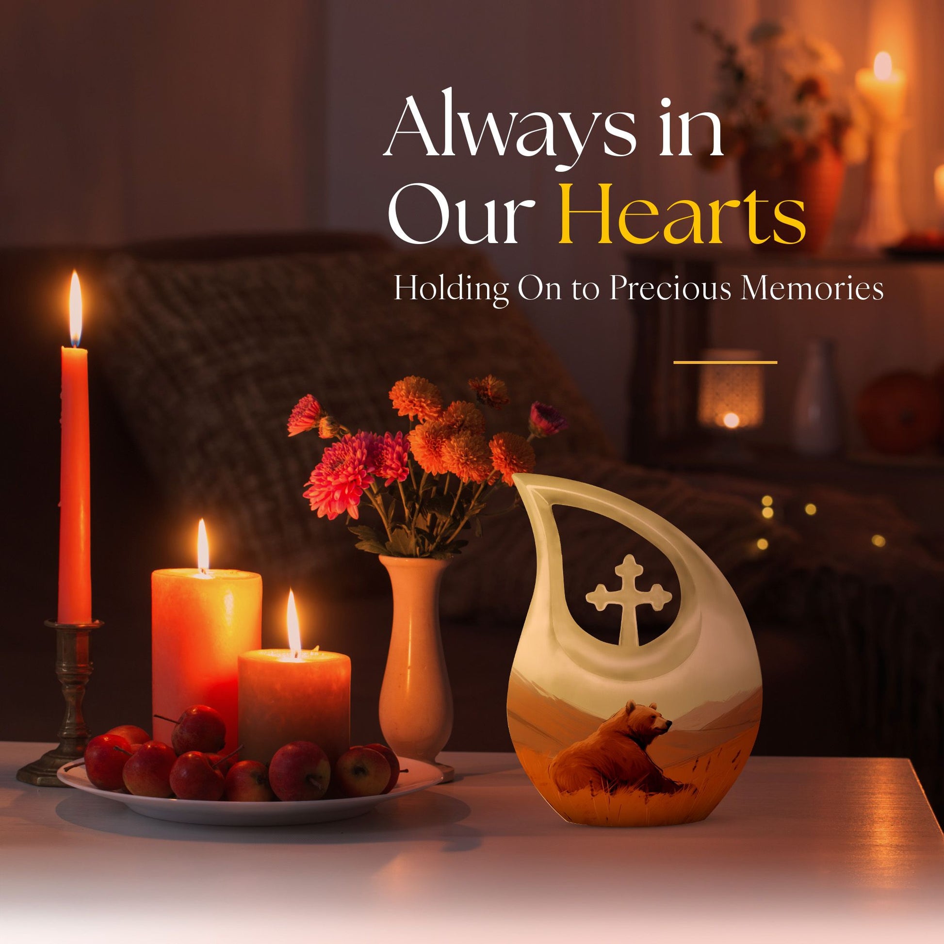 10-inch Bear Themed Cross Drop Design Aluminium Memorial Ur