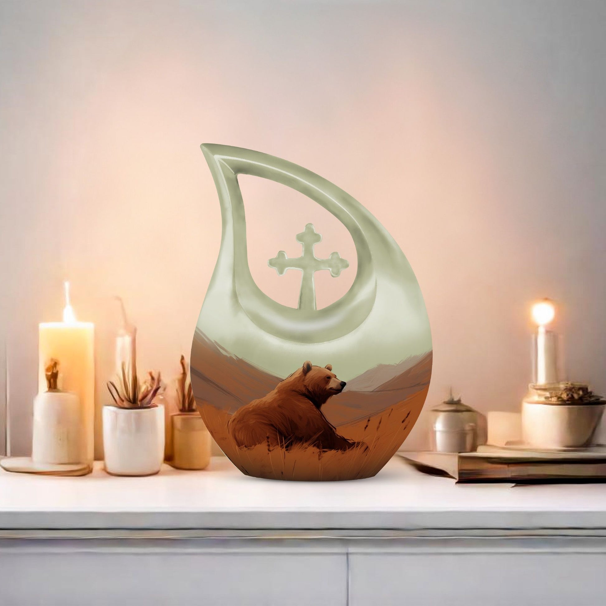 10-inch Bear Themed Cross Drop Design Aluminium Memorial Ur