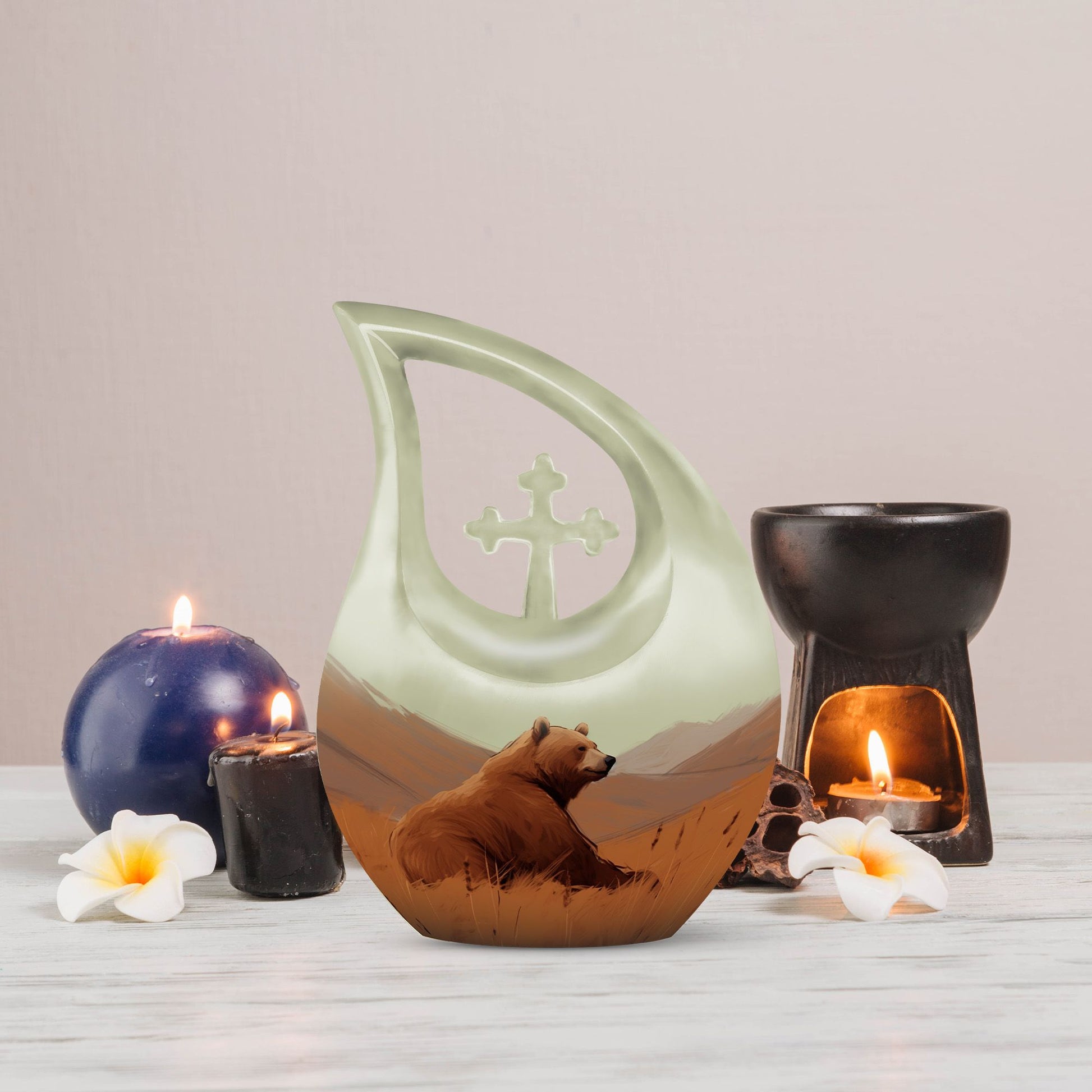 10-inch Bear Themed Cross Drop Design Aluminium Memorial Ur