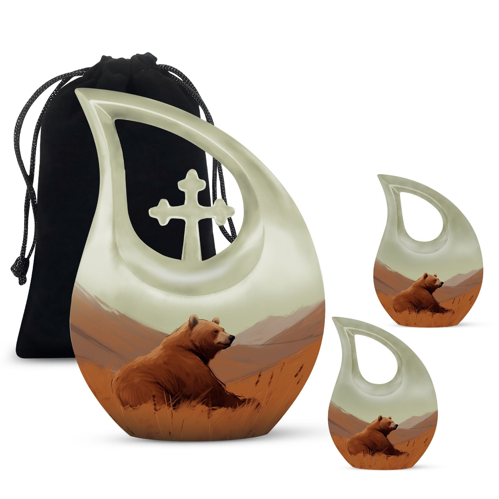 10-inch Bear Themed Cross Drop Design Aluminium Memorial Ur