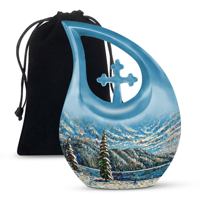 Extra large Mountain-themed cross drop cremation urn 