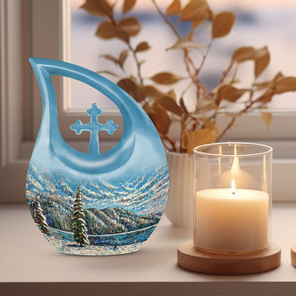 Extra large Mountain-themed cross drop cremation urn 