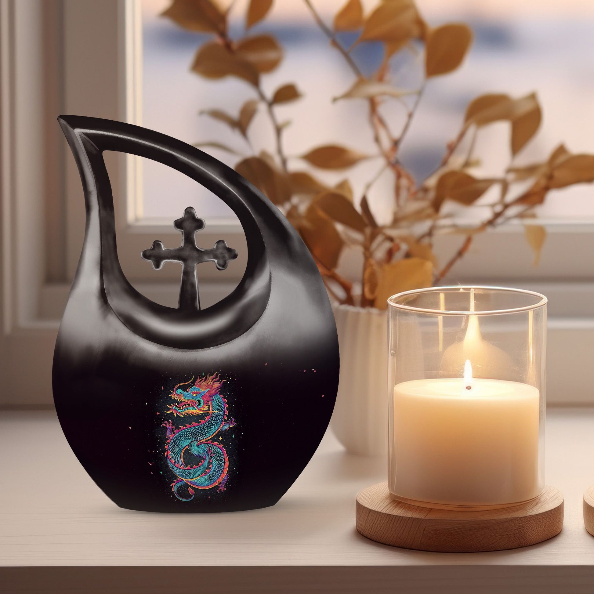 10-inch dragon themed cross drop large metal cremation urn 