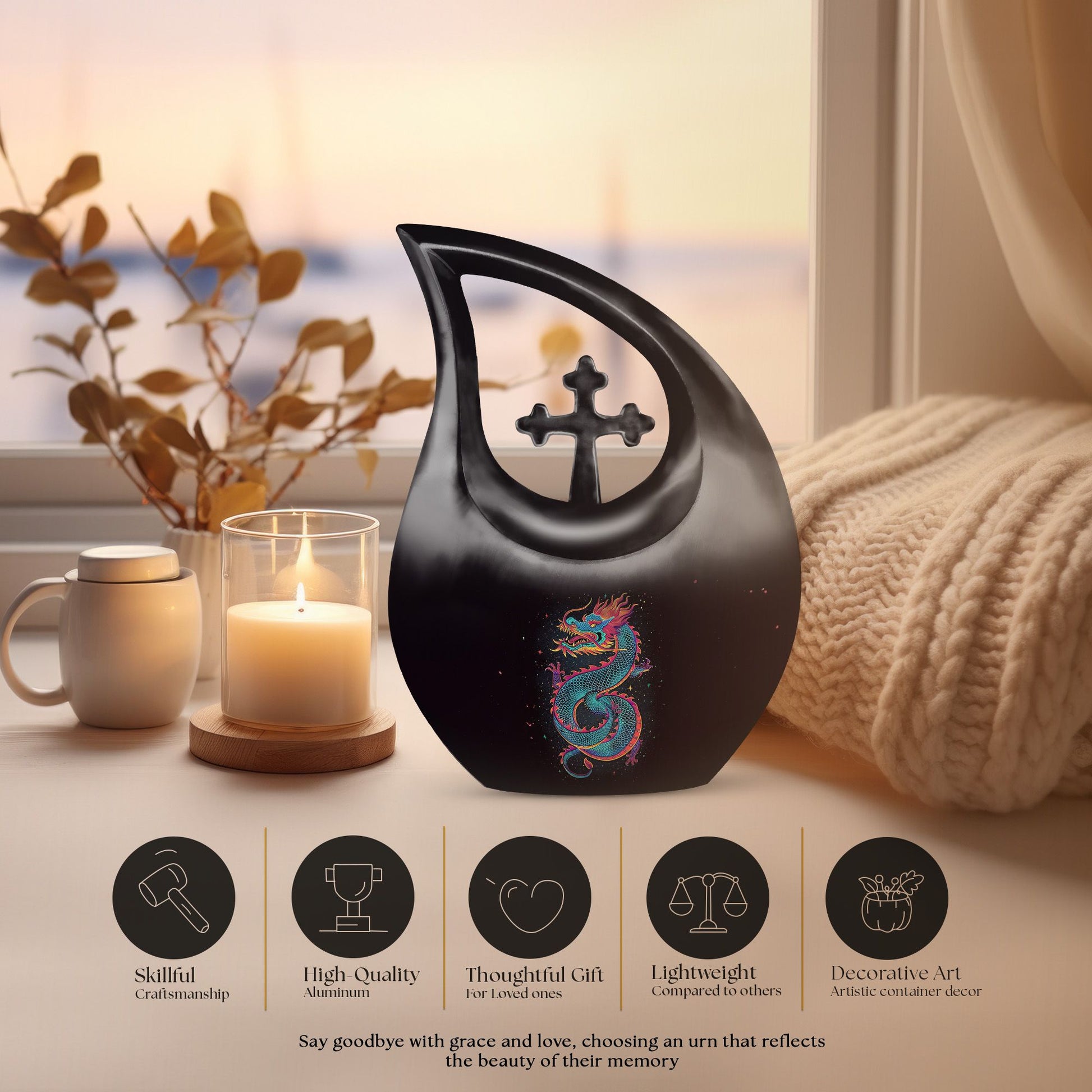 10-inch dragon themed cross drop large metal cremation urn 