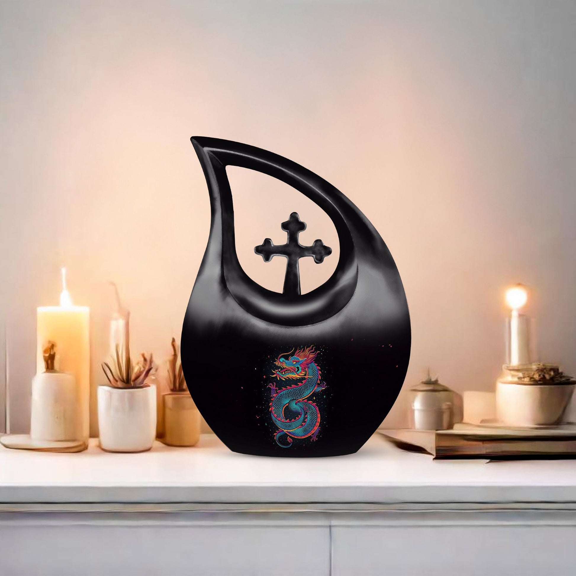 10-inch dragon themed cross drop large metal cremation urn 