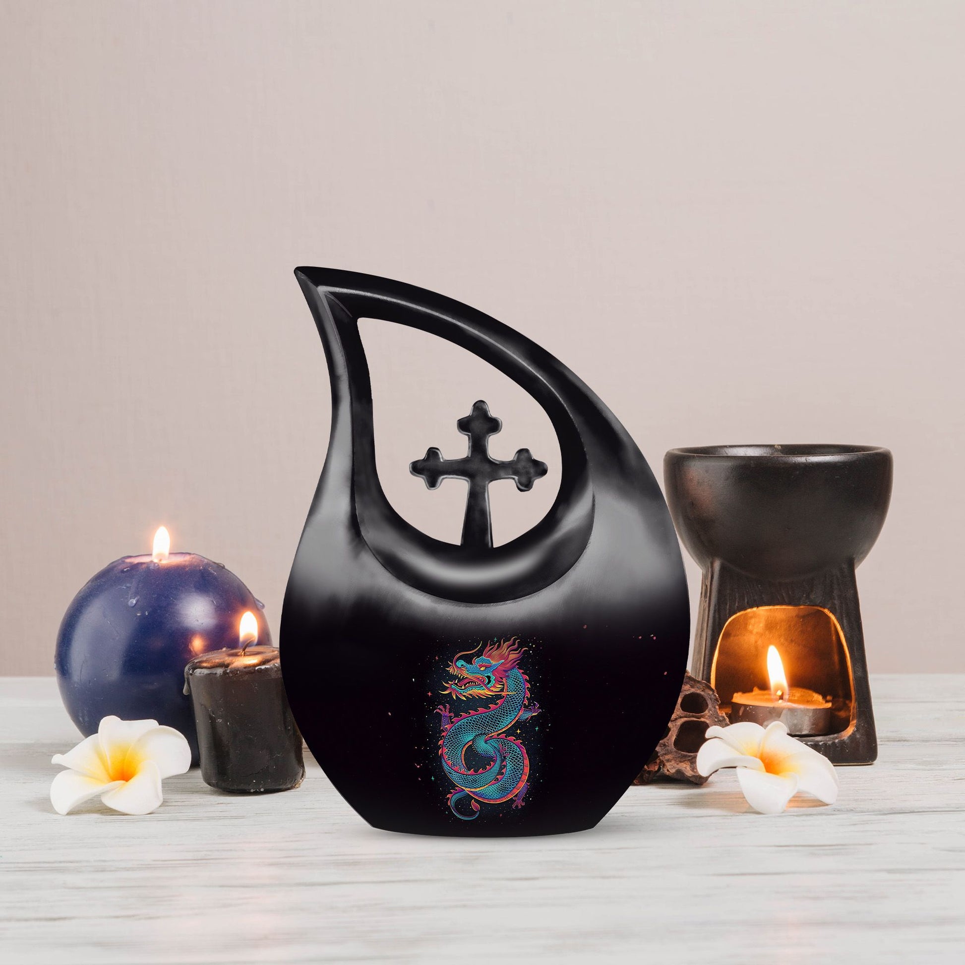 10-inch dragon themed cross drop large metal cremation urn 