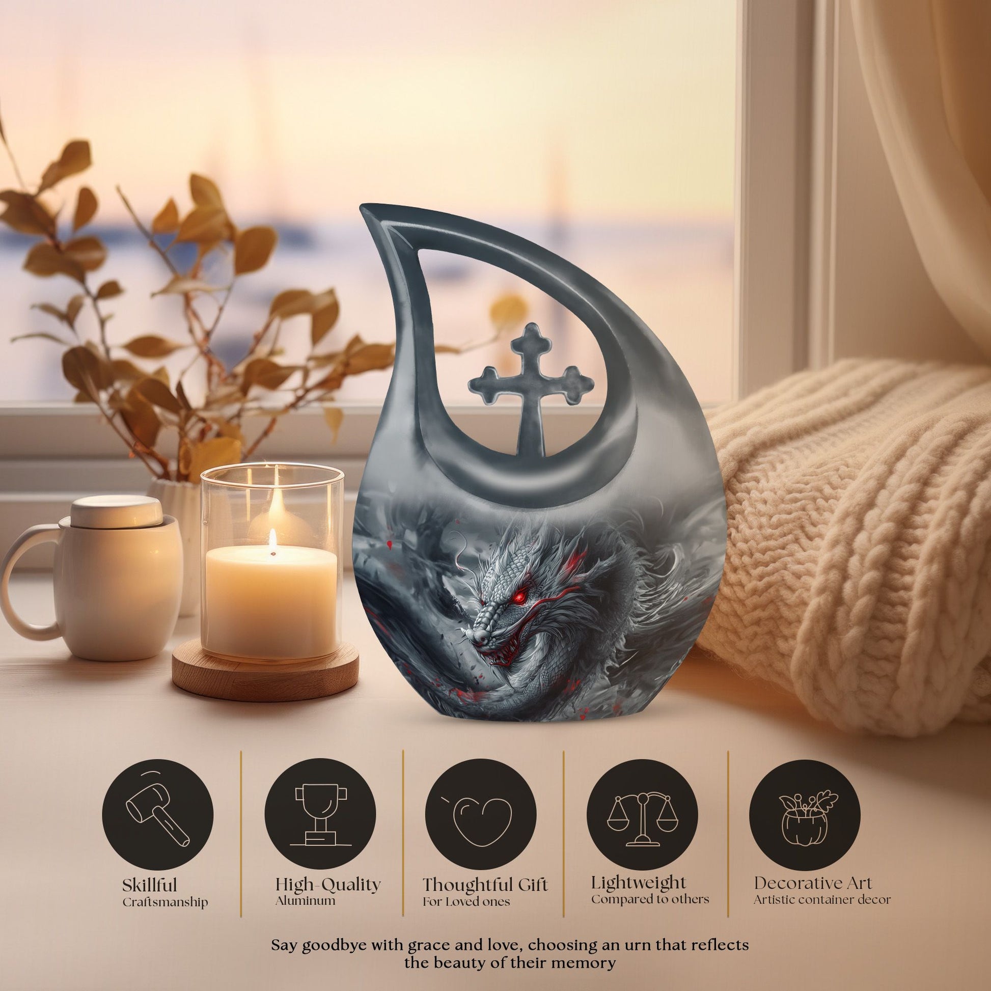 10 Inch Dragon-themed Cross Drop urn 