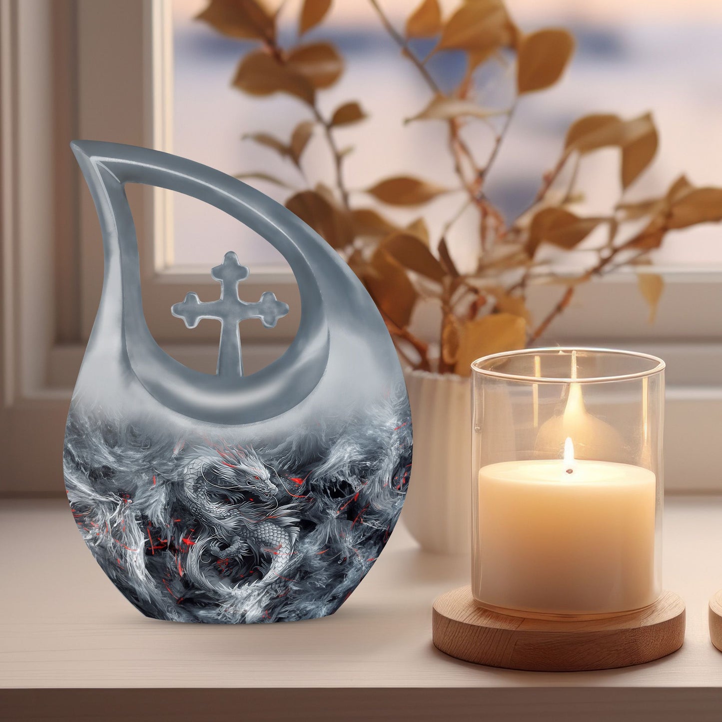 10 Inch Cross Drop Design Dragon Urn 