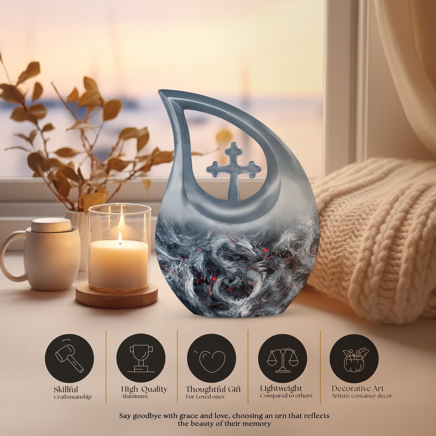 10 Inch Cross Drop Design Dragon Urn 