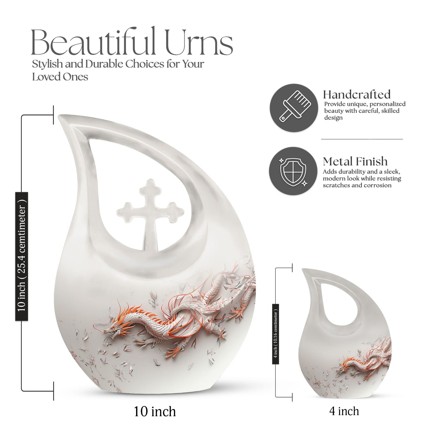 10-inch Dragon themed, Cross Drop design cremation urn