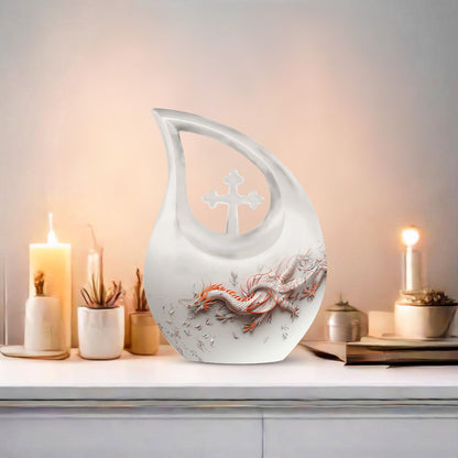 10-inch Dragon themed, Cross Drop design cremation urn