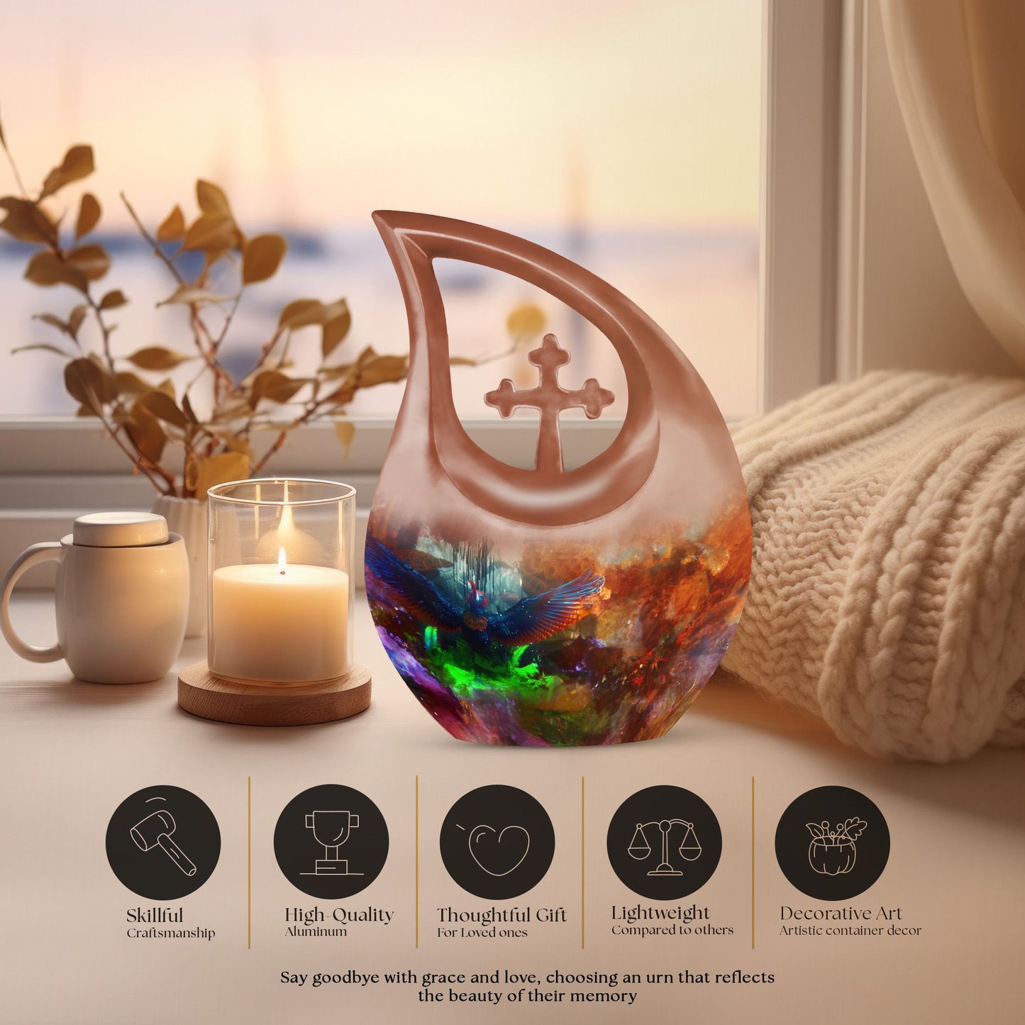 10 inch Puffin Bird themed cross drop design urn