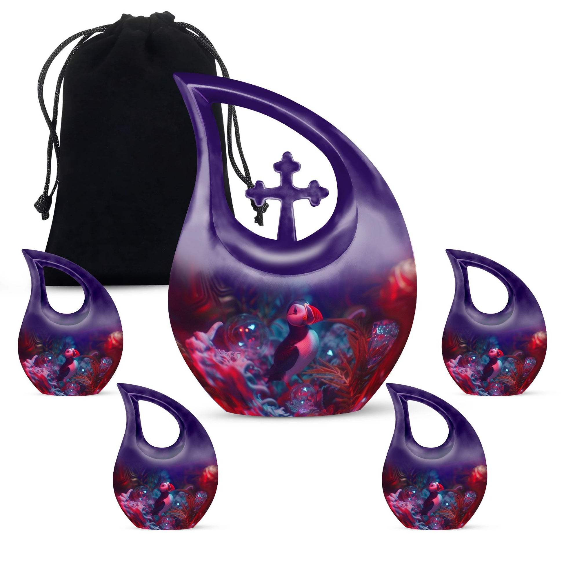 10 inch Puffin Bird Themed Cross Drop Memorial Urn