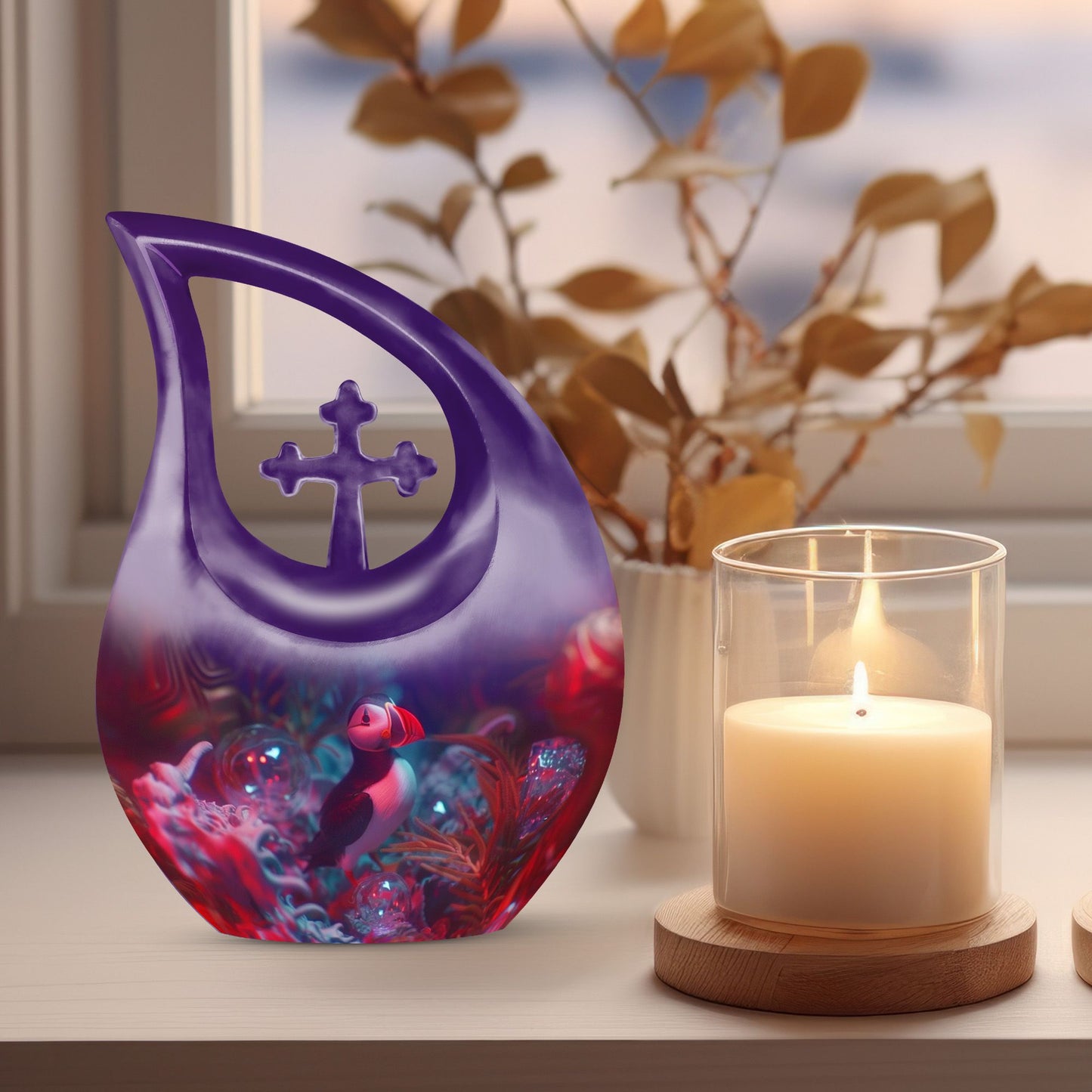 10 inch Puffin Bird Themed Cross Drop Memorial Urn