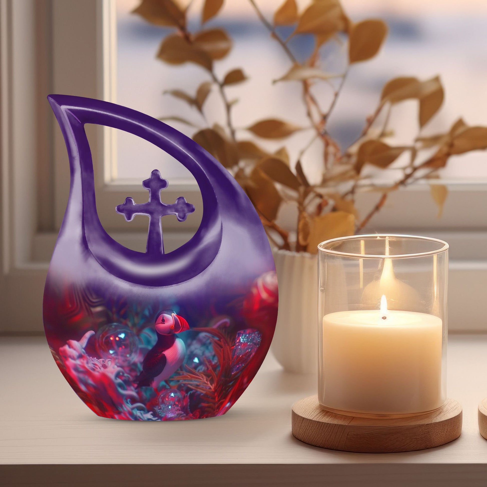 10 inch Puffin Bird Themed Cross Drop Memorial Urn