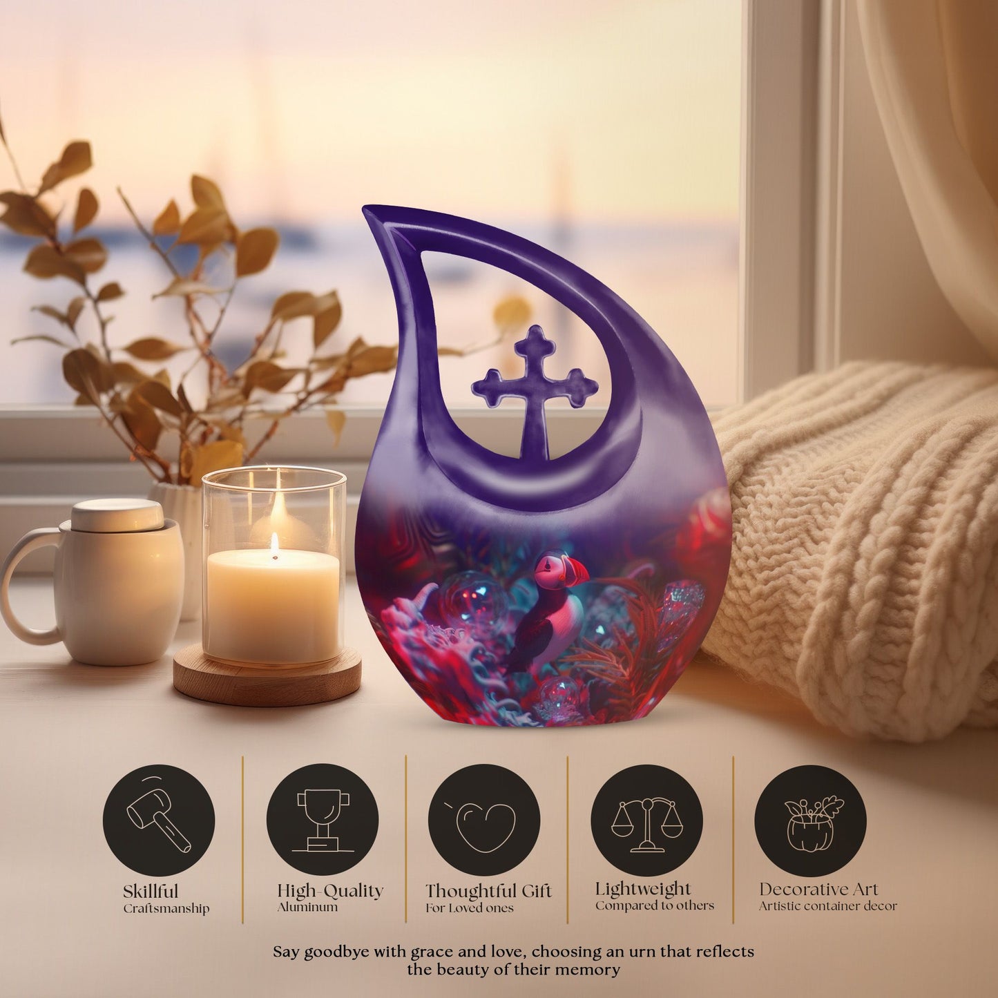 10 inch Puffin Bird Themed Cross Drop Memorial Urn