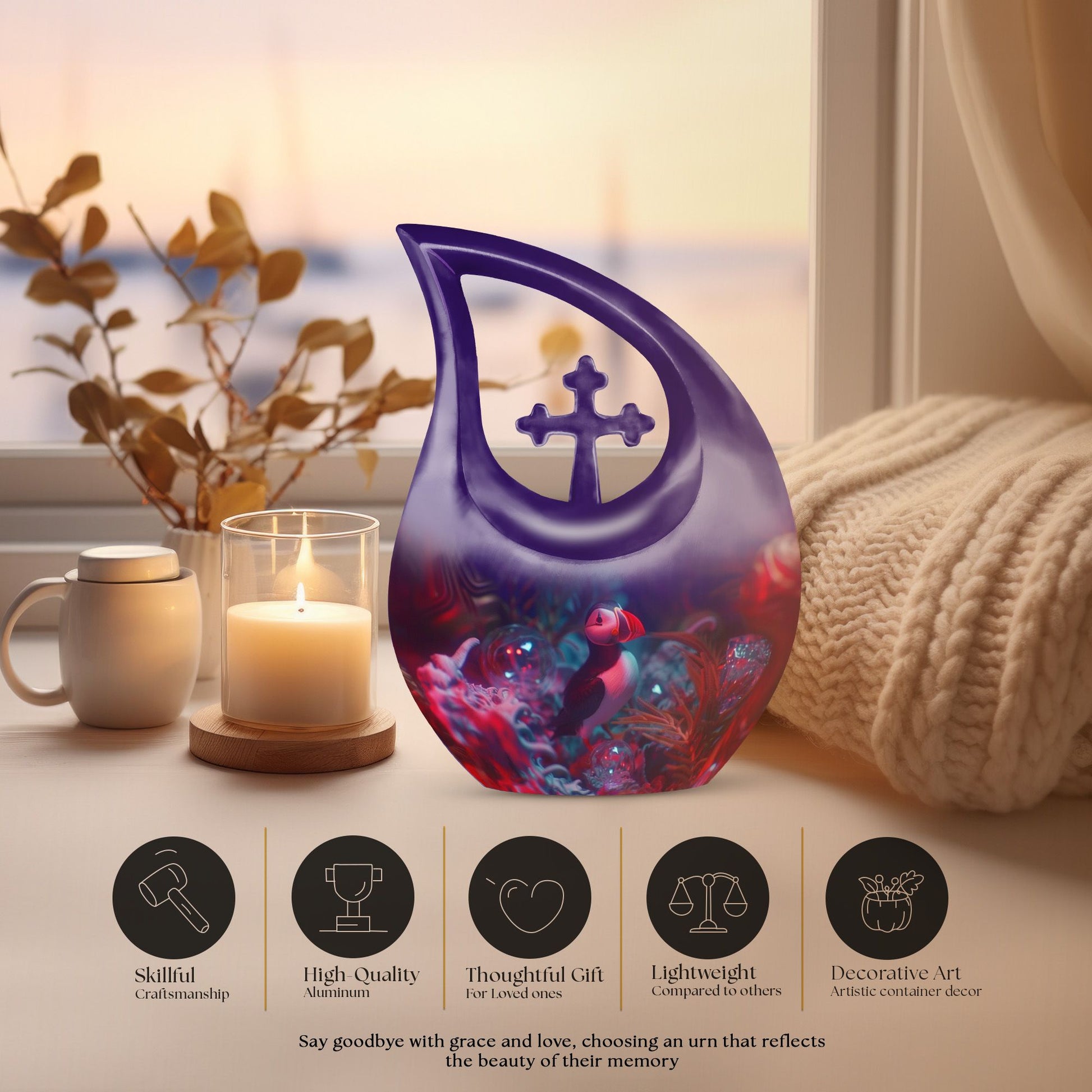 10 inch Puffin Bird Themed Cross Drop Memorial Urn