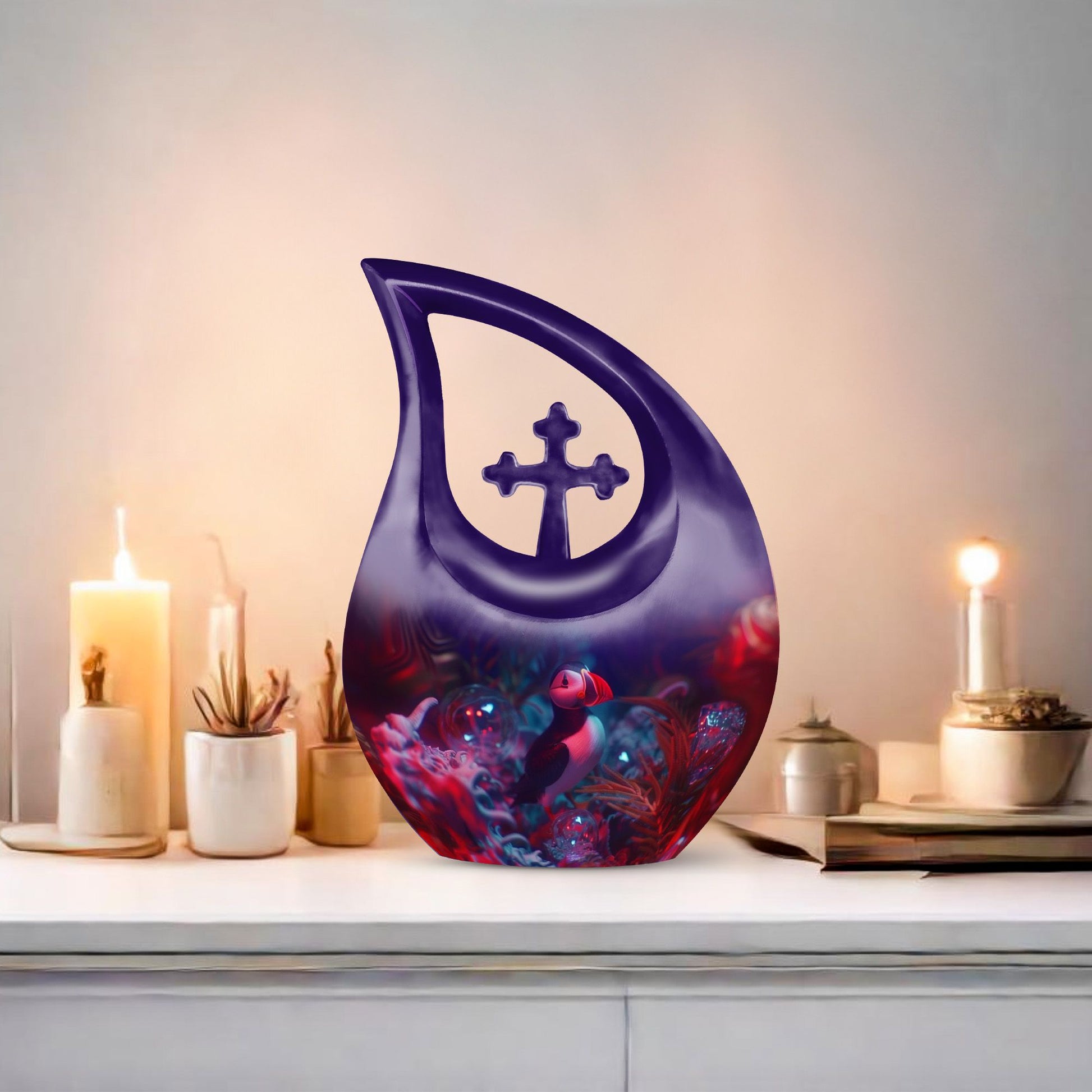 10 inch Puffin Bird Themed Cross Drop Memorial Urn