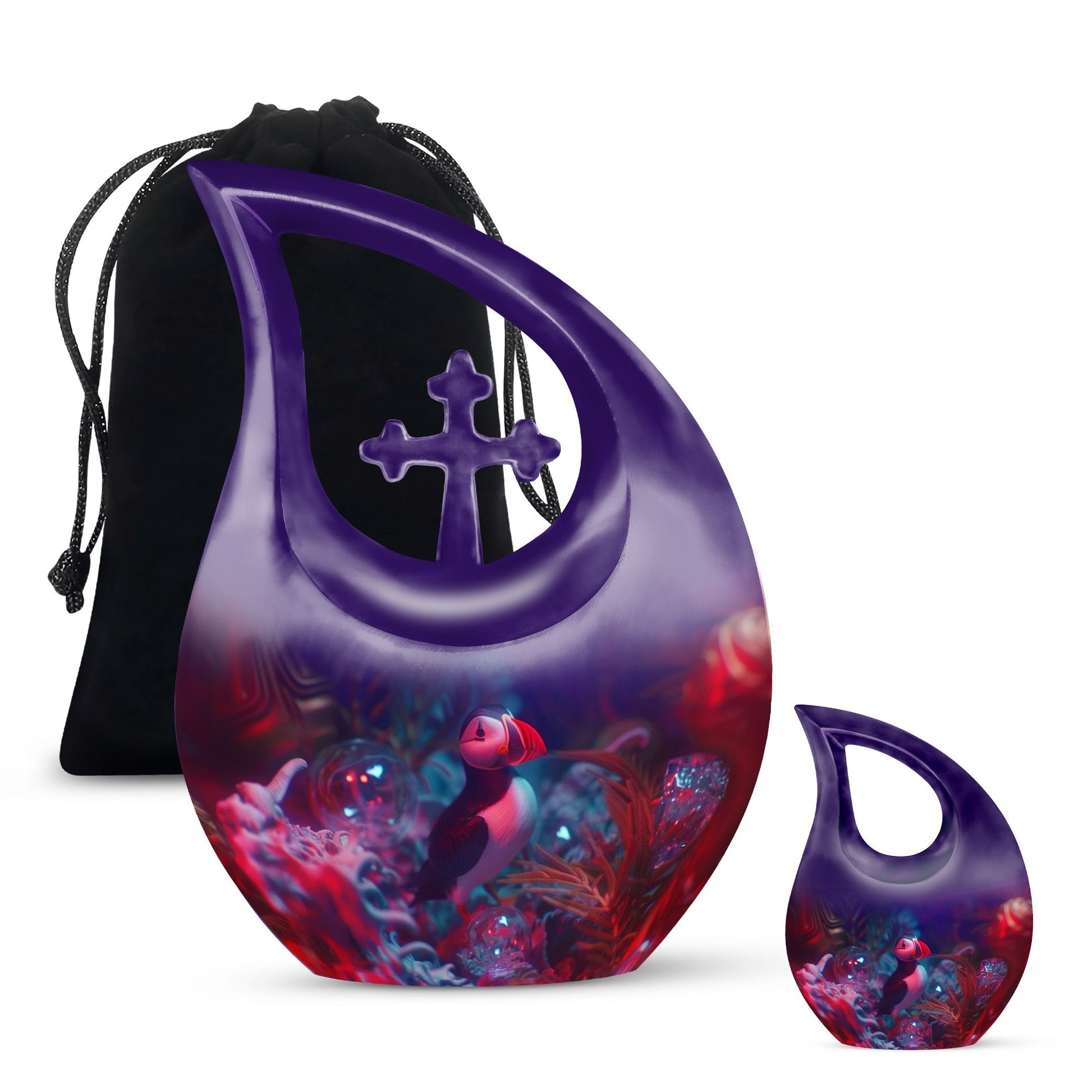 10 inch Puffin Bird Themed Cross Drop Memorial Urn