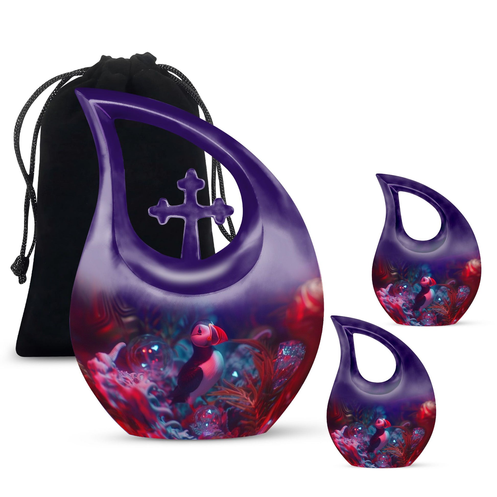 10 inch Puffin Bird Themed Cross Drop Memorial Urn