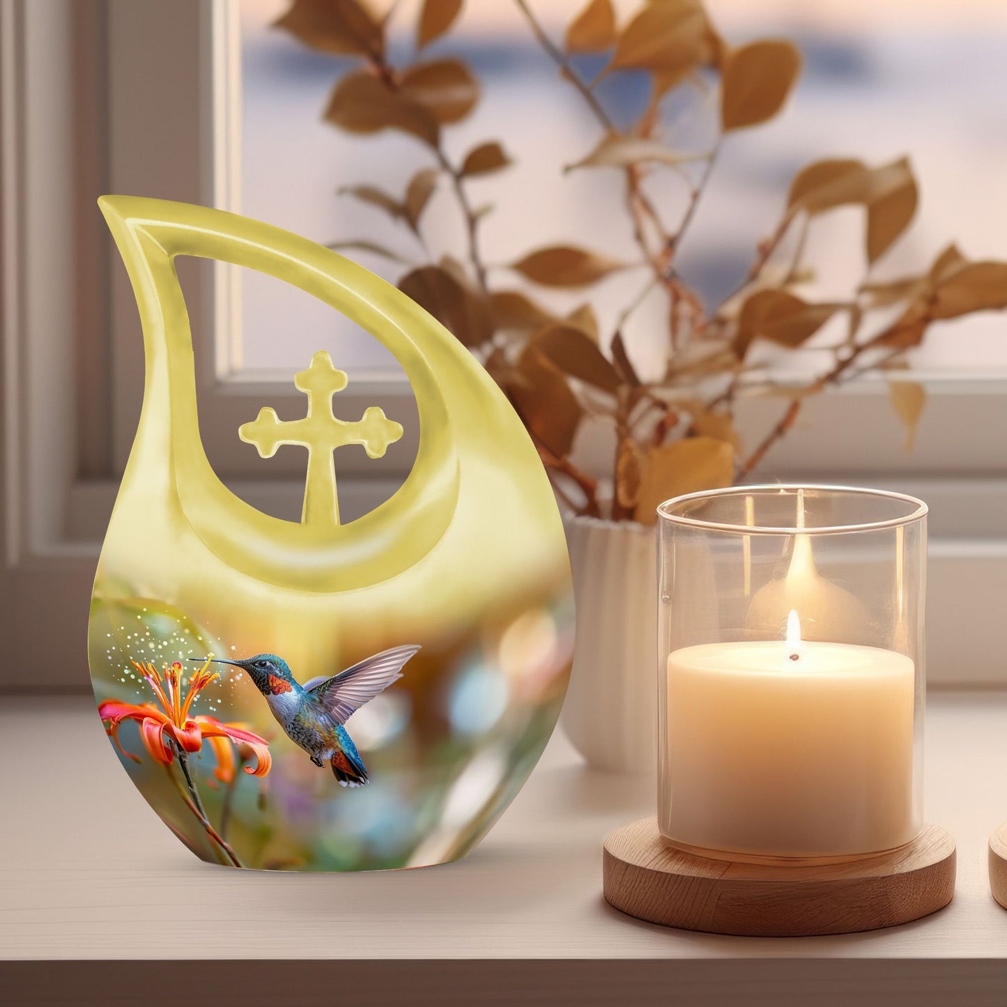 10-inch Humming Bird Cross Drop design Cremation Urn,