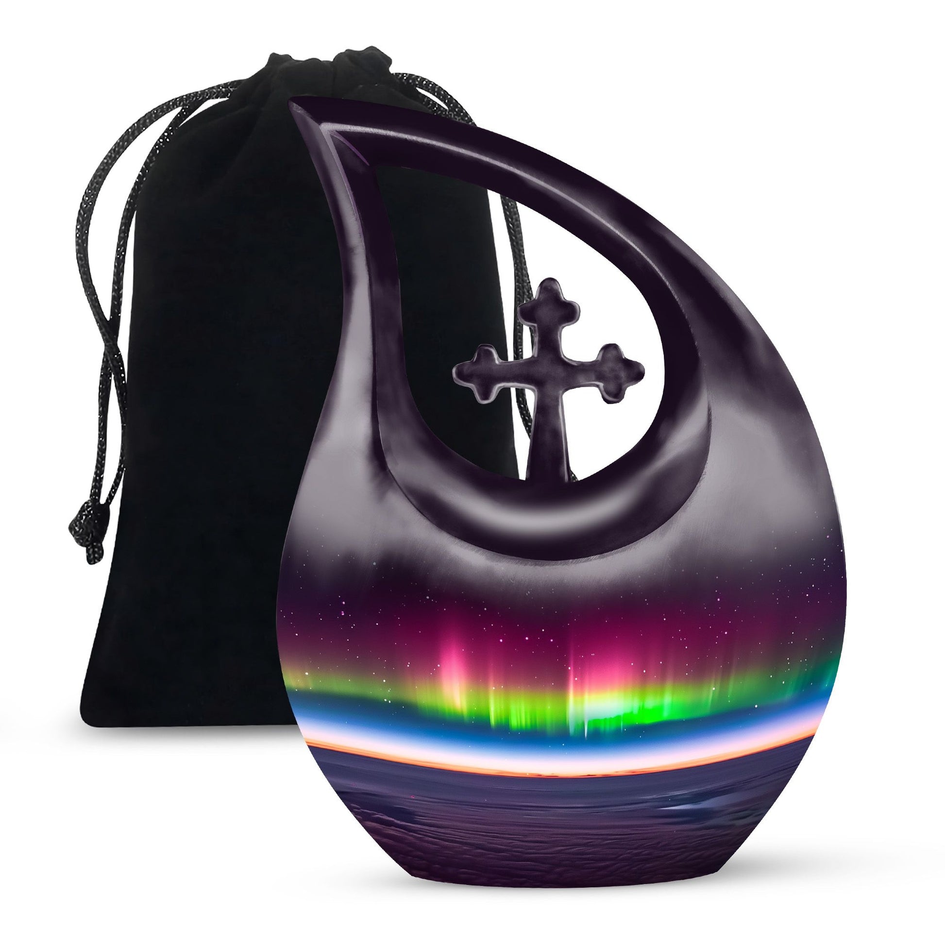 Aurora themed, 10-inch Cross Drop design cremation urn 