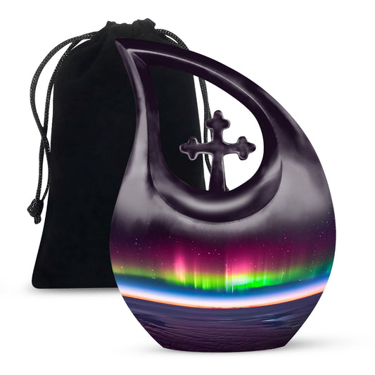 Aurora themed, 10-inch Cross Drop design cremation urn 
