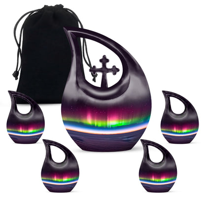 Aurora themed, 10-inch Cross Drop design cremation urn 