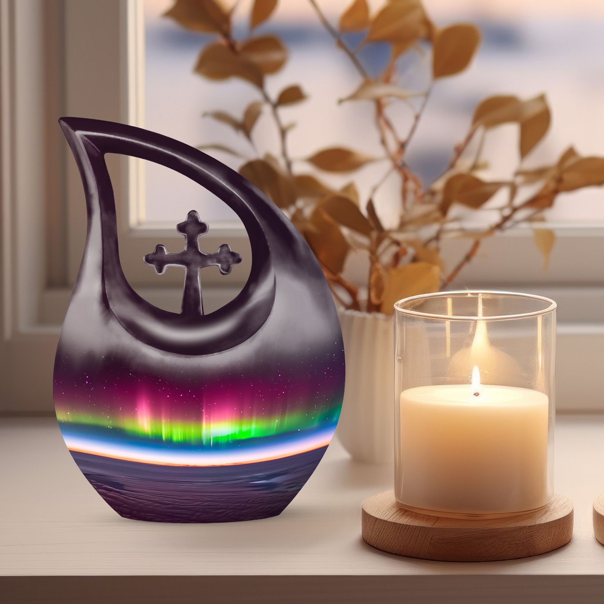 Aurora themed, 10-inch Cross Drop design cremation urn 