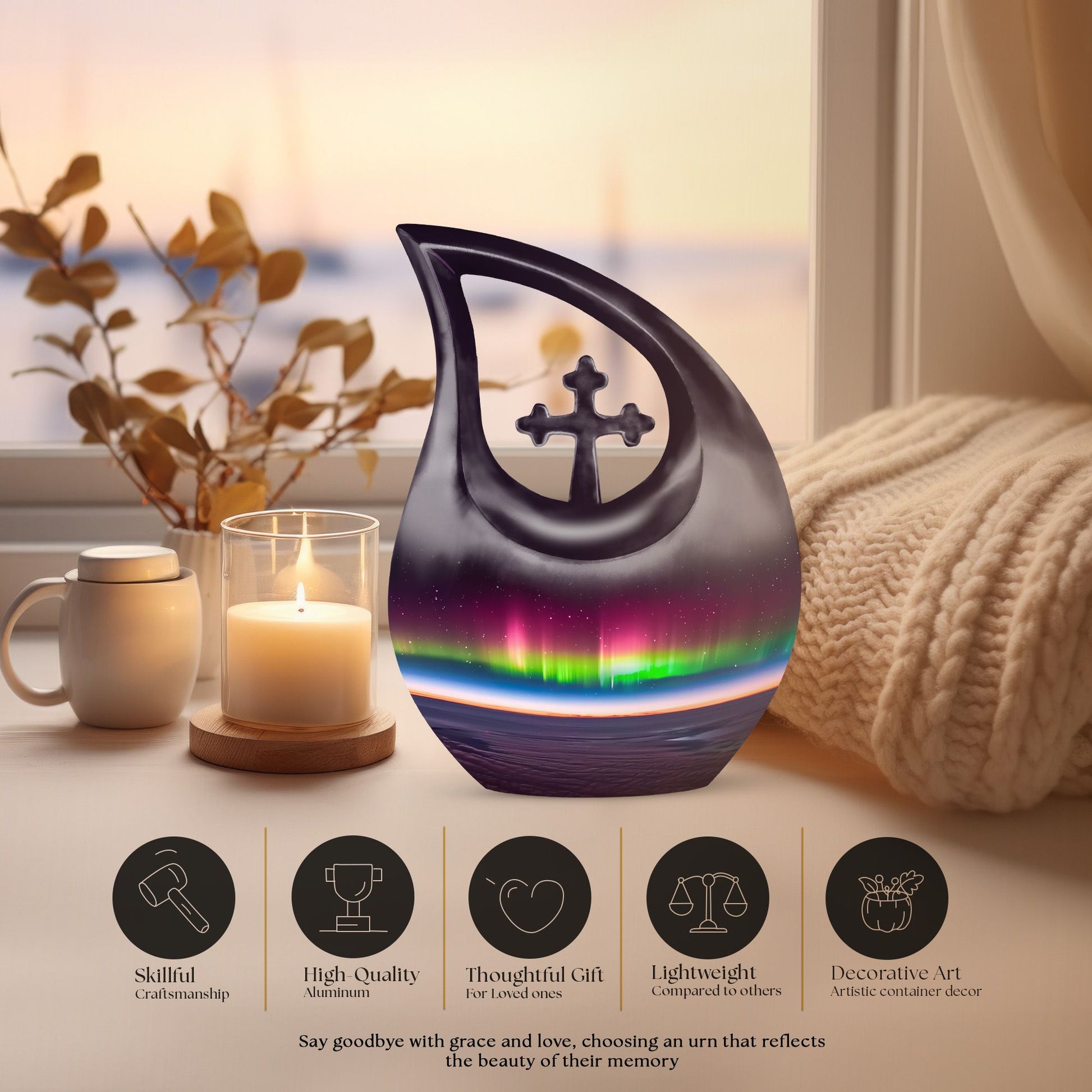 Aurora themed, 10-inch Cross Drop design cremation urn 