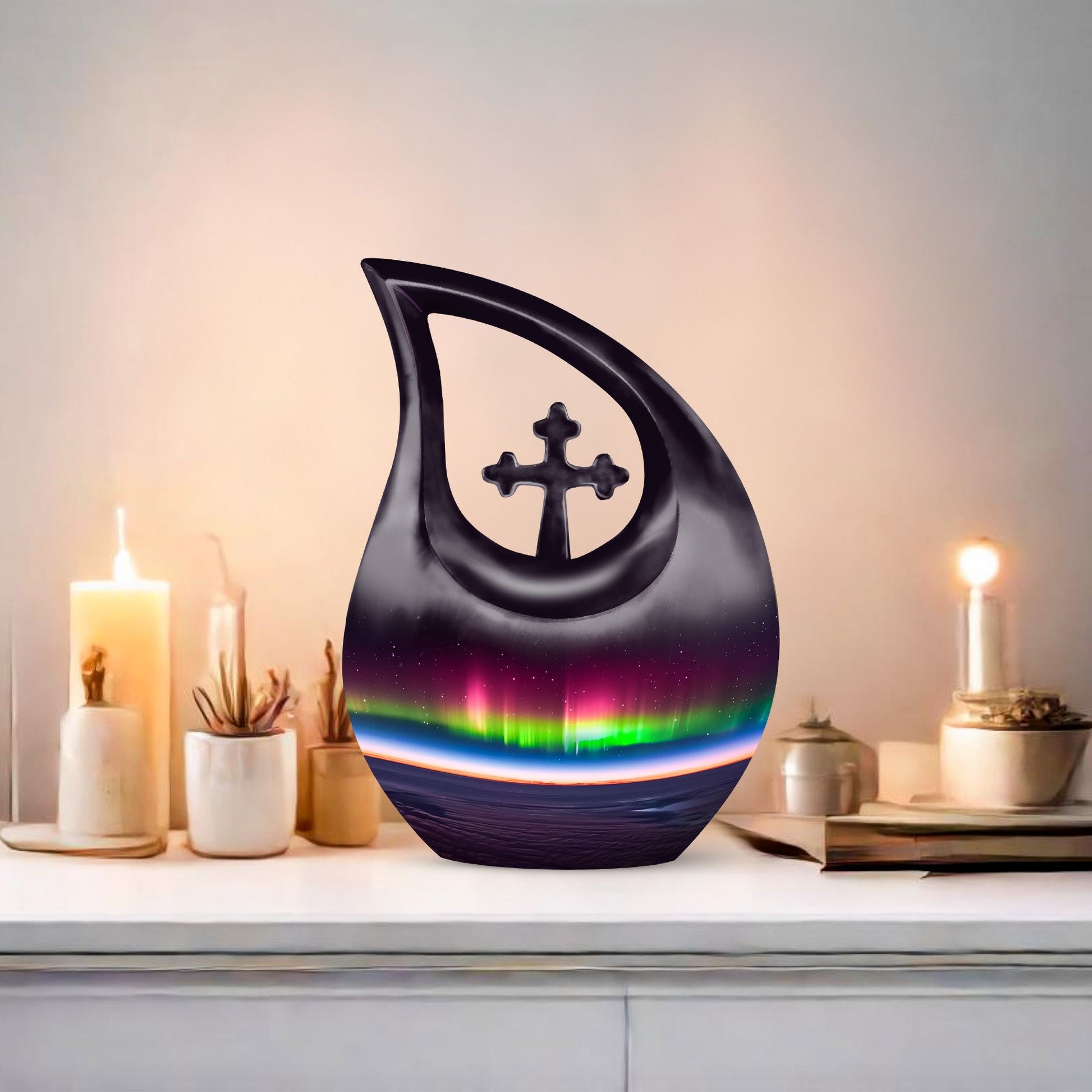 Aurora themed, 10-inch Cross Drop design cremation urn 